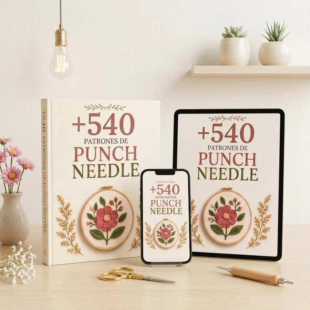 Mockup ilustrativo de la biblioteca de 540 patrones en libro, tableta y teléfono